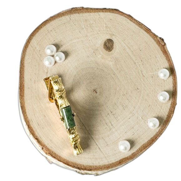 Vintage Jade Cufflinks Tie Clip Set Gold Tone Elegant Wedding Men Bamboo Asian - Picture 10 of 14